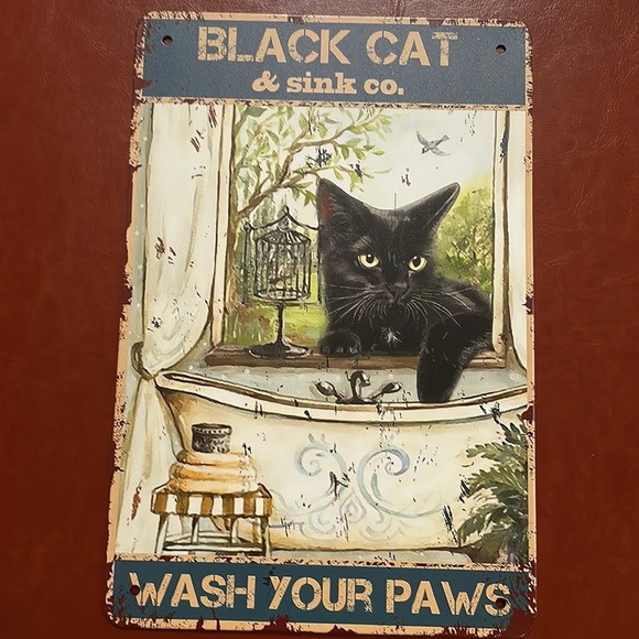 Retro Metal Tin Sign Vintage “Black Cat and Sink Co“ “Wash Your Paws” - Picture 6 of 9